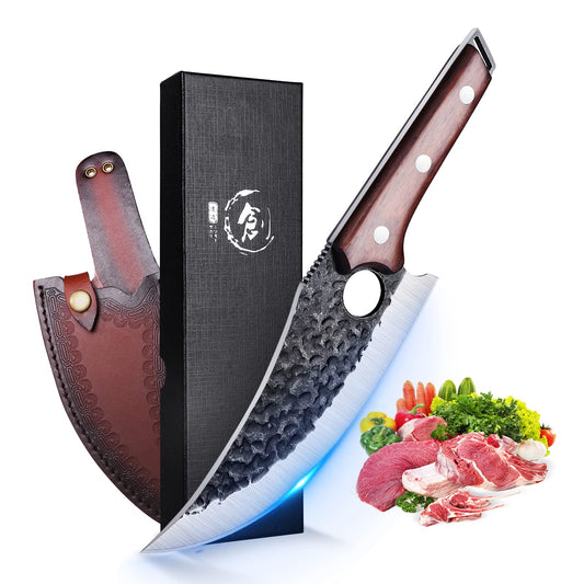 SMITH CHU hand-forged boning knife with leather sheath. Professional kitchen knife, portable camping knife, high carbon steel butcher knife. Full tang multipurpose BBQ tool for home and outdoor use.