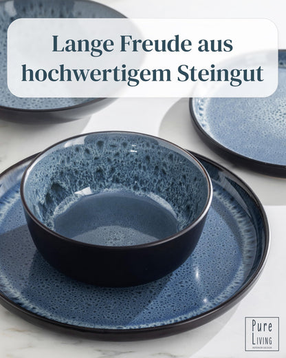 Stoneware dinnerware set for 12 people Ibiza 36 pieces. AWARD WINNER, Dreamy Mediterranean Stoneware Dinnerware Set, bowl and plate set, tableware for 12 people, dish sets Pure Living in smokey blue.