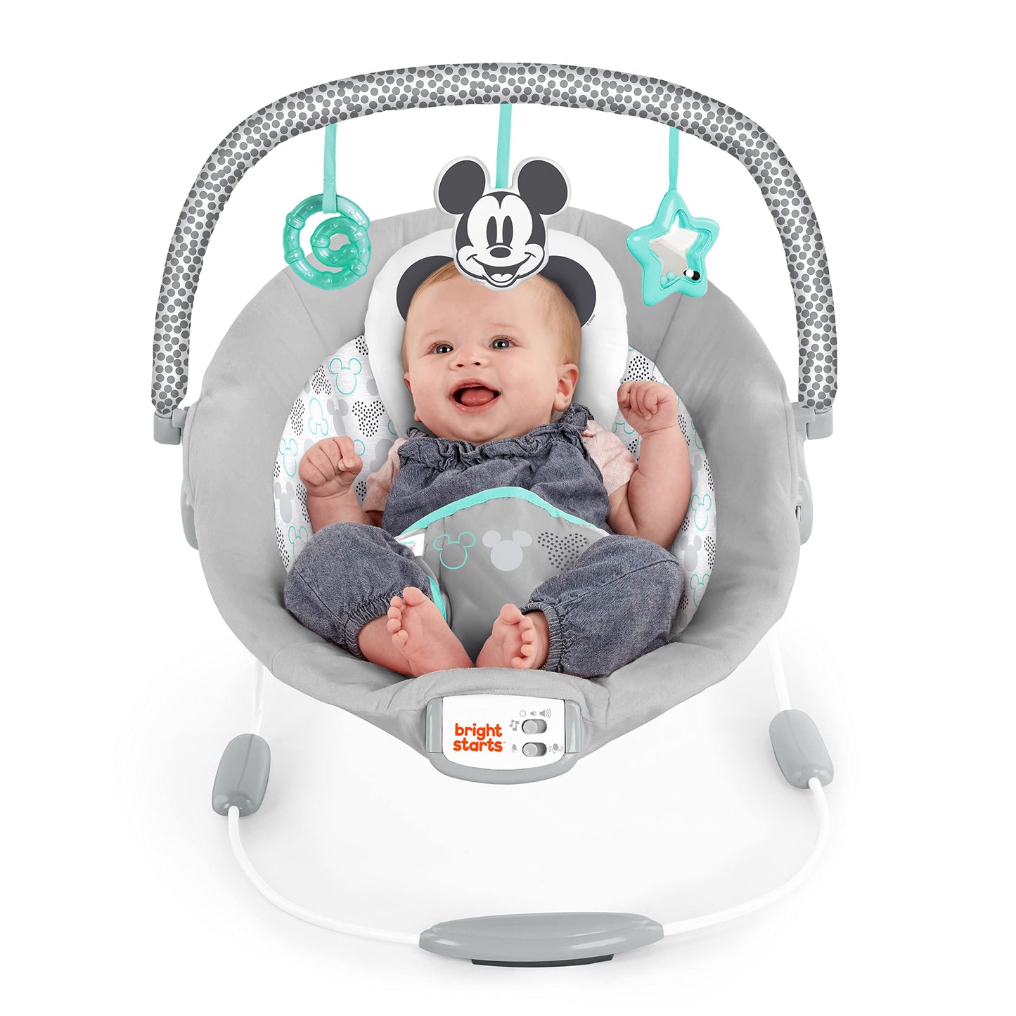 Bright Starts, Disney Baby, Mickey Mouse baby bouncer with soothing vibrations, melodies, detachable toy bar, 3 hanging toys, and more.
