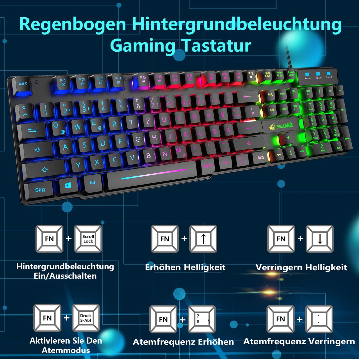 Gaming Keyboard and Mouse Set, QWERTZ German Layout Rainbow LED Backlight Ergonomic Keyboard 6 Buttons 2400 DPI Mouse and Mousepad, USB Wired, Compatible with PS4 Xbox, Black