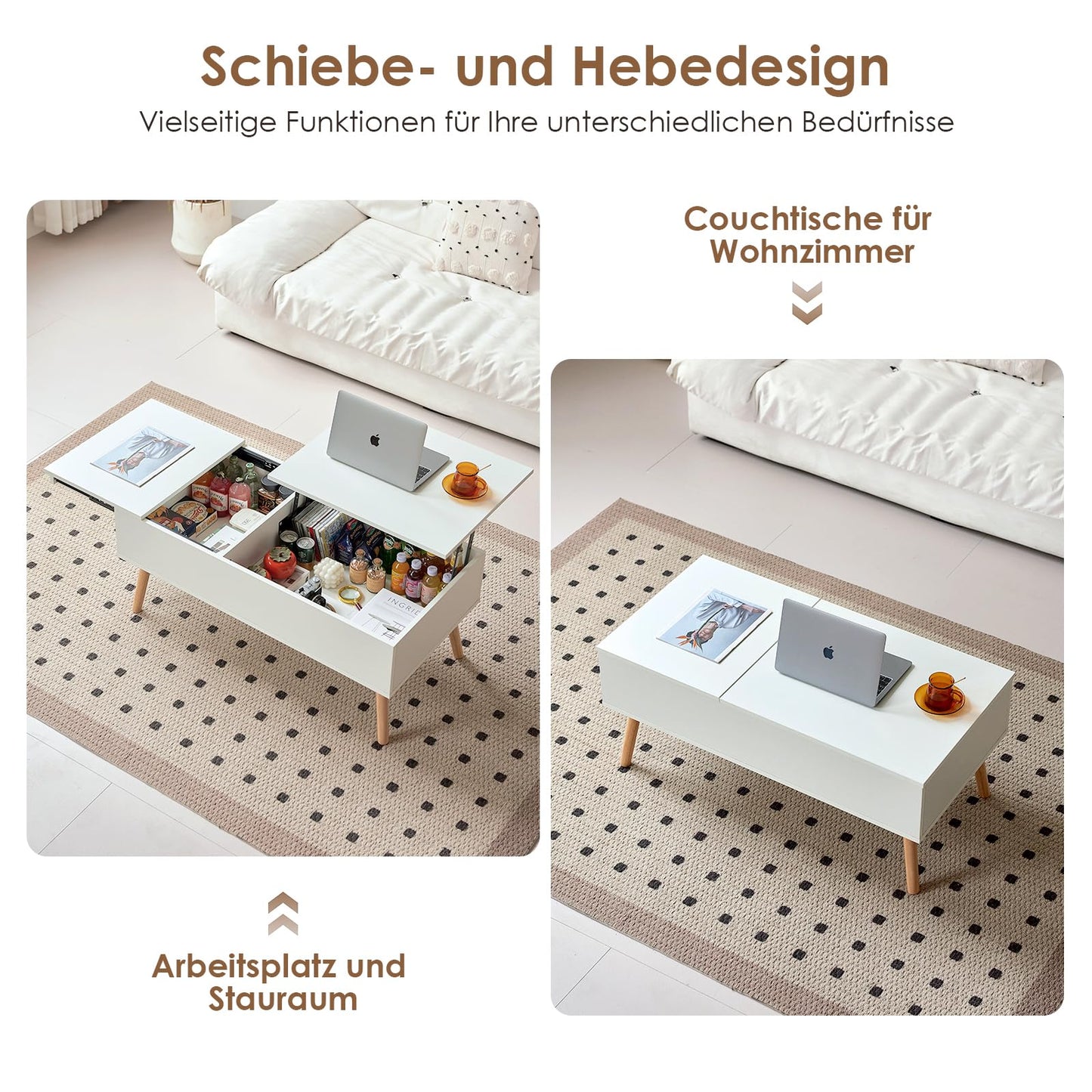 JanflyHome coffee table height adjustable with sliding plate, living room table adjustable in height, coffee tables with storage space, modern white coffee table with 2 large separate hidden storage compartments, White
