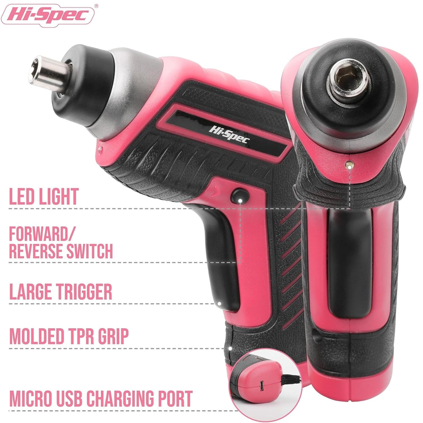 Hi-Spec 35-piece pink home DIY tool set with rechargeable USB drill. Ideal for repairs and maintenance in a convenient tool box - perfect for women and girls.