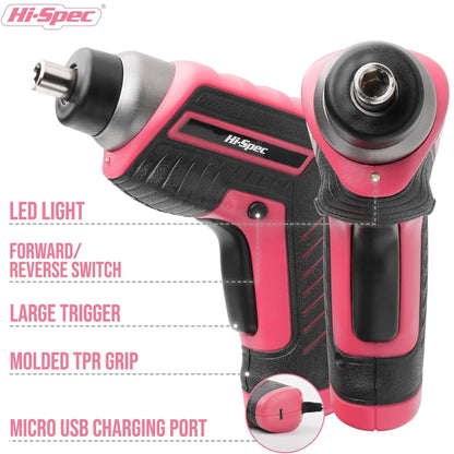 Hi-Spec 35-piece pink home DIY tool set with rechargeable USB drill. Ideal for repairs and maintenance in a convenient tool box - perfect for women and girls.