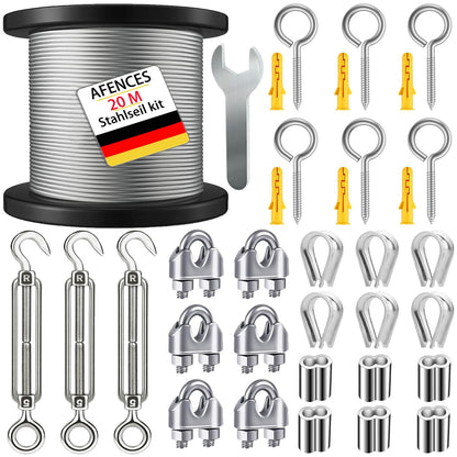 20m stainless steel rope 3mm coated + M5 tensioning system with eye hook | Weatherproof wire rope for plant climbers, decoration & laundry drying (3mm 20m stainless steel rope)
