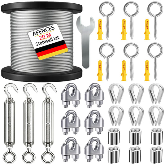 20m stainless steel rope 3mm coated + M5 tensioning system with eye hook | Weatherproof wire rope for plant climbers, decoration & laundry drying (3mm 20m stainless steel rope)