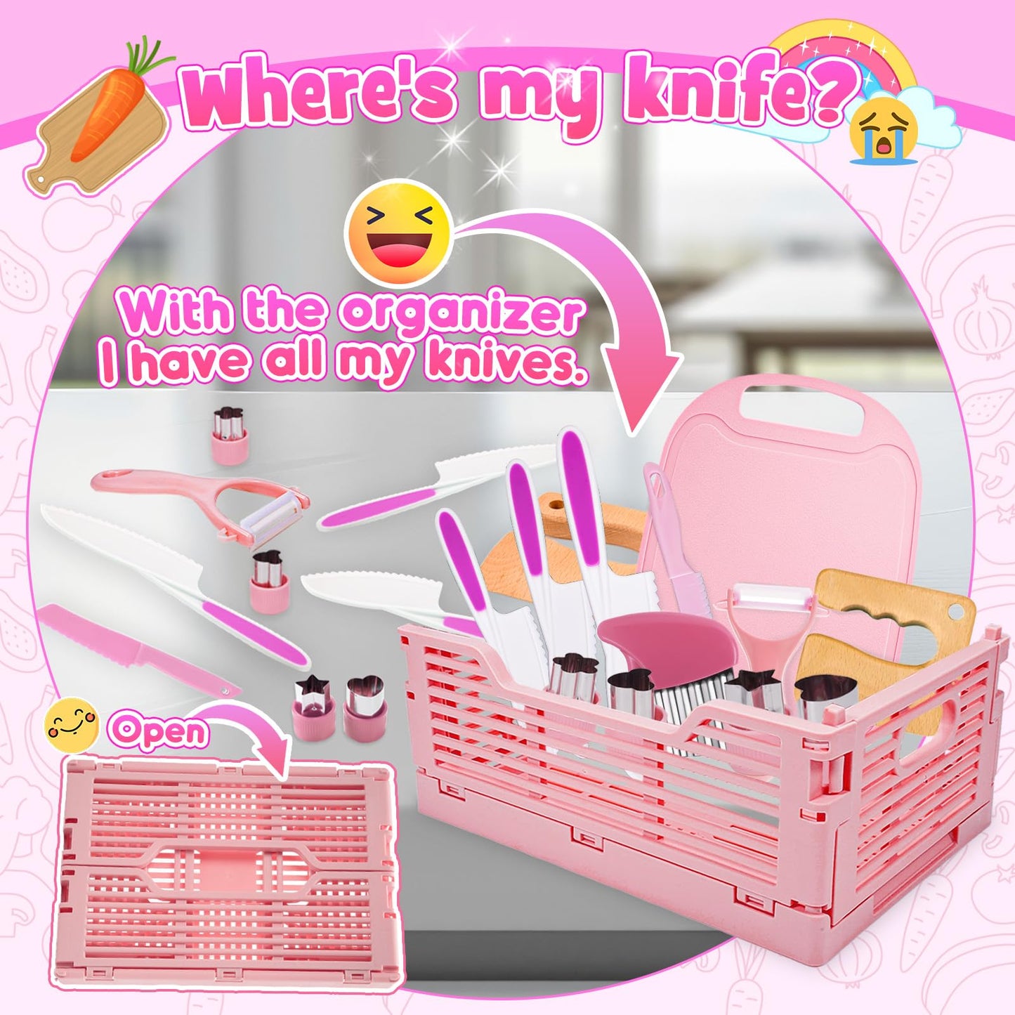 JoltJive kids' knife, kids' knife for 1 2 3 4 5 6 year olds Kids' kitchen with foldable storage box and wavy cutter, Montessori toy as Christmas and birthday gift