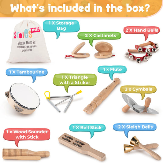 Stoie's musical instruments for children aged 3 and up - wooden Montessori instruments, baby claves, drum musical toys.