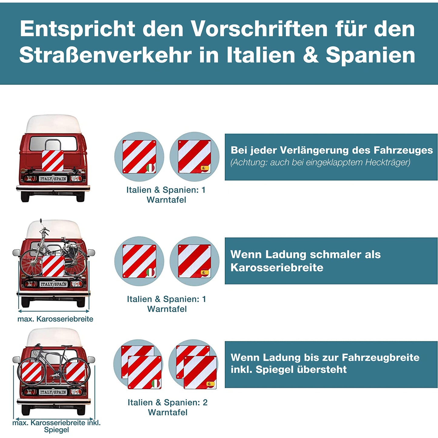 Smartpeas 2 In 1 Warning Sign Italy And Spain – For Bike Racks, Motorhomes Or Agriculture + Plus: Set Of 4 Rubber Bands