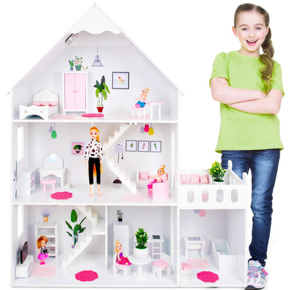 Green Series Wooden Dollhouse XXL - 3 floors with LED light & 57 accessories - For 30 cm fashion dolls (Barbie size) - 118 cm tall, 7 rooms