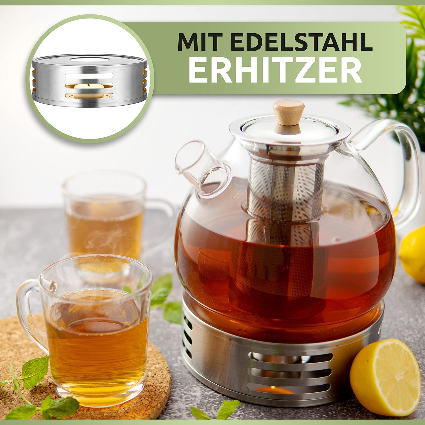 PORADA Glass Tea Kettle with Stainless Steel Heater Infuser Teapot Tea Pot Teapot with Filter Turkish Tea Pot Warmer (1500ml)