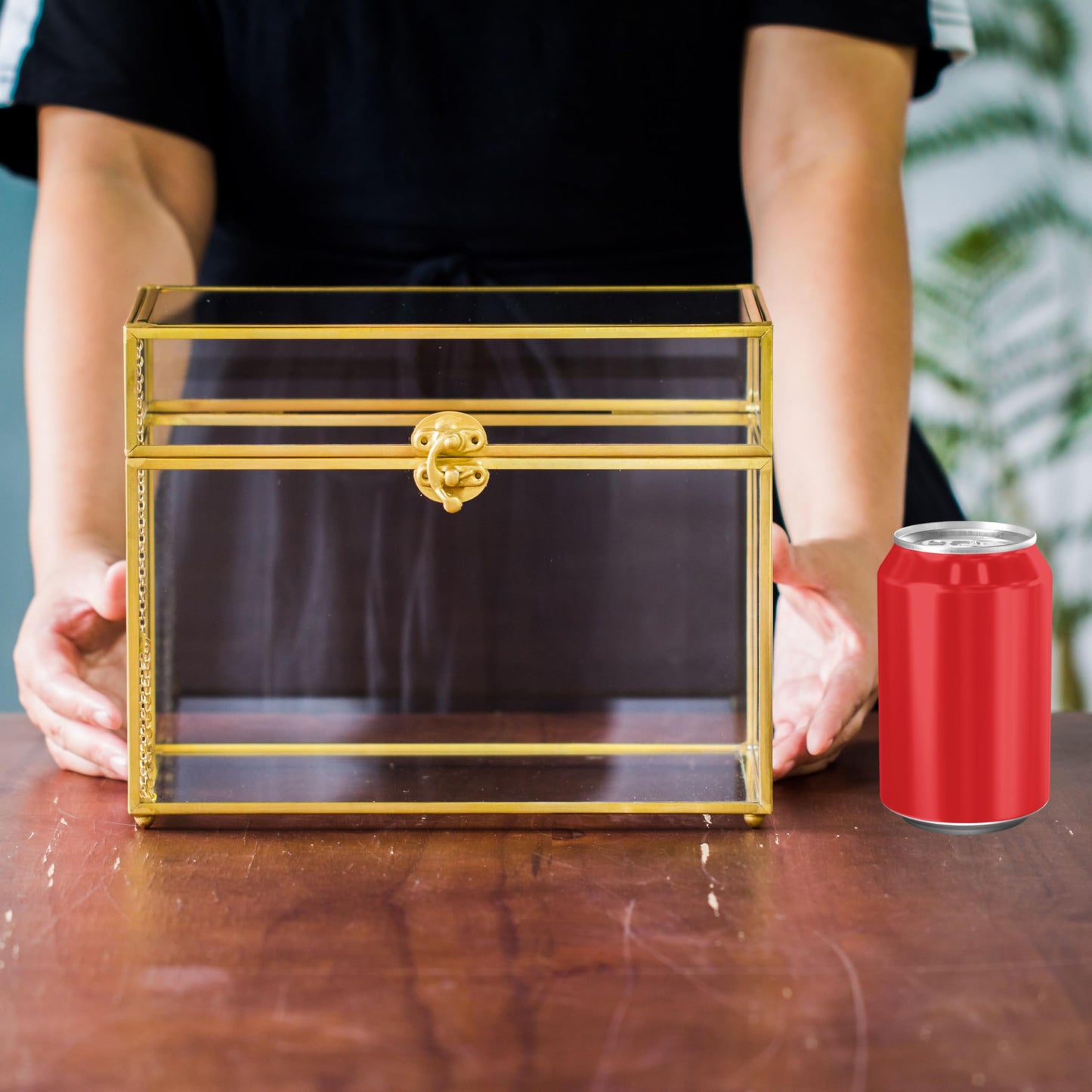 NCYP 25x14.2x19.6 cm Gold Glass Card Box, Handcrafted Brass Vintage Rectangular Shape with Base for Wedding Entries, Souvenirs, Tabletop Display (glass box only)