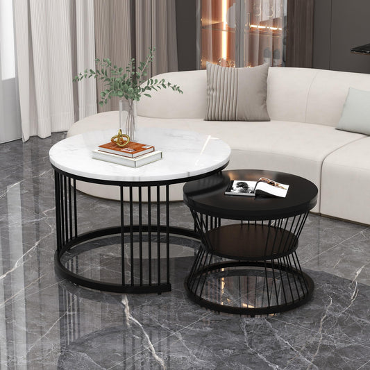 Merax Round Coffee Table 2 Piece Set, Modern Side Table with High Gloss Marble Effect for Living Room, Nesting Table for Reception Room, Balcony, and Office, Metal Frame, Black & White