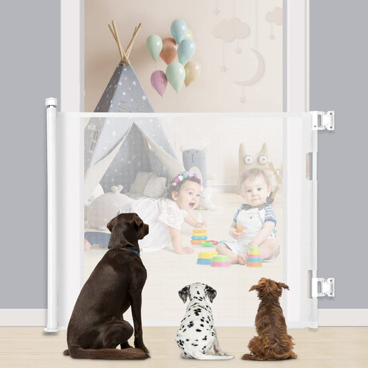MYPIN Retractable Stair Gate for Baby Pets, Baby Gate 0 to 140 cm, 33 x 55 inches, Extra Wide Safety Gate, Dog Gate for Stairs, Hallways, One-Hand Operation, Easy to Clean, White.