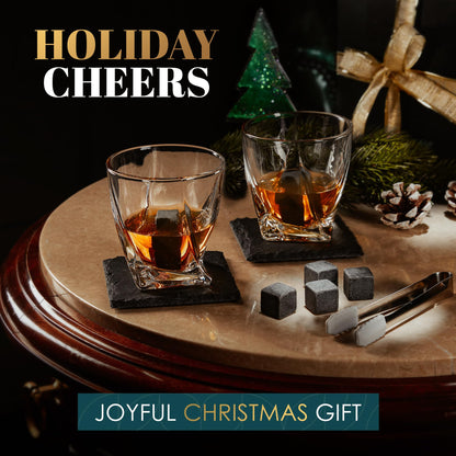 Whiskey gift set – Whiskey glasses, stones, ice tongs, coasters, wooden chest, velvet pouch, history and recipe cards – accessory set, gift for men, husband by Royal Reserve.
