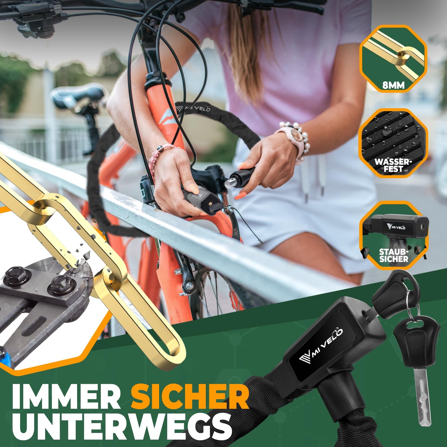 MIVELO bike lock chain lock made of hardened steel - 85cm long I bike lock - chain locks high security I 8mm square chain - bike lock for bicycle, e-bike & e-scooter (With key)