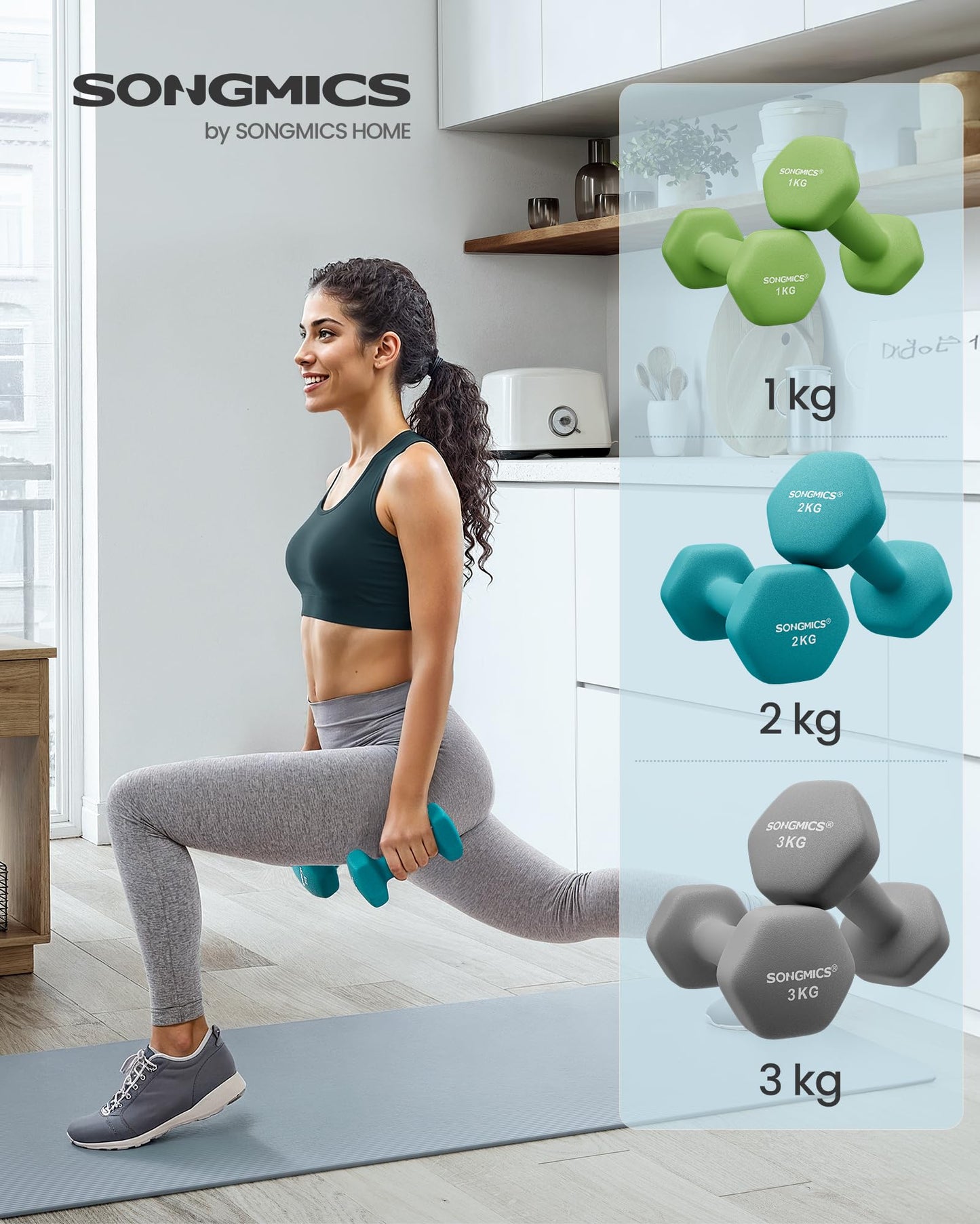 SONGMICS dumbbell set, hexagonal, with dumbbell stand, 2 x 1 kg, 2 x 2 kg, 2 x 3 kg, matte finish, neoprene coating, strength training, at home, lime green, aquamarine and light gray SYL612GN