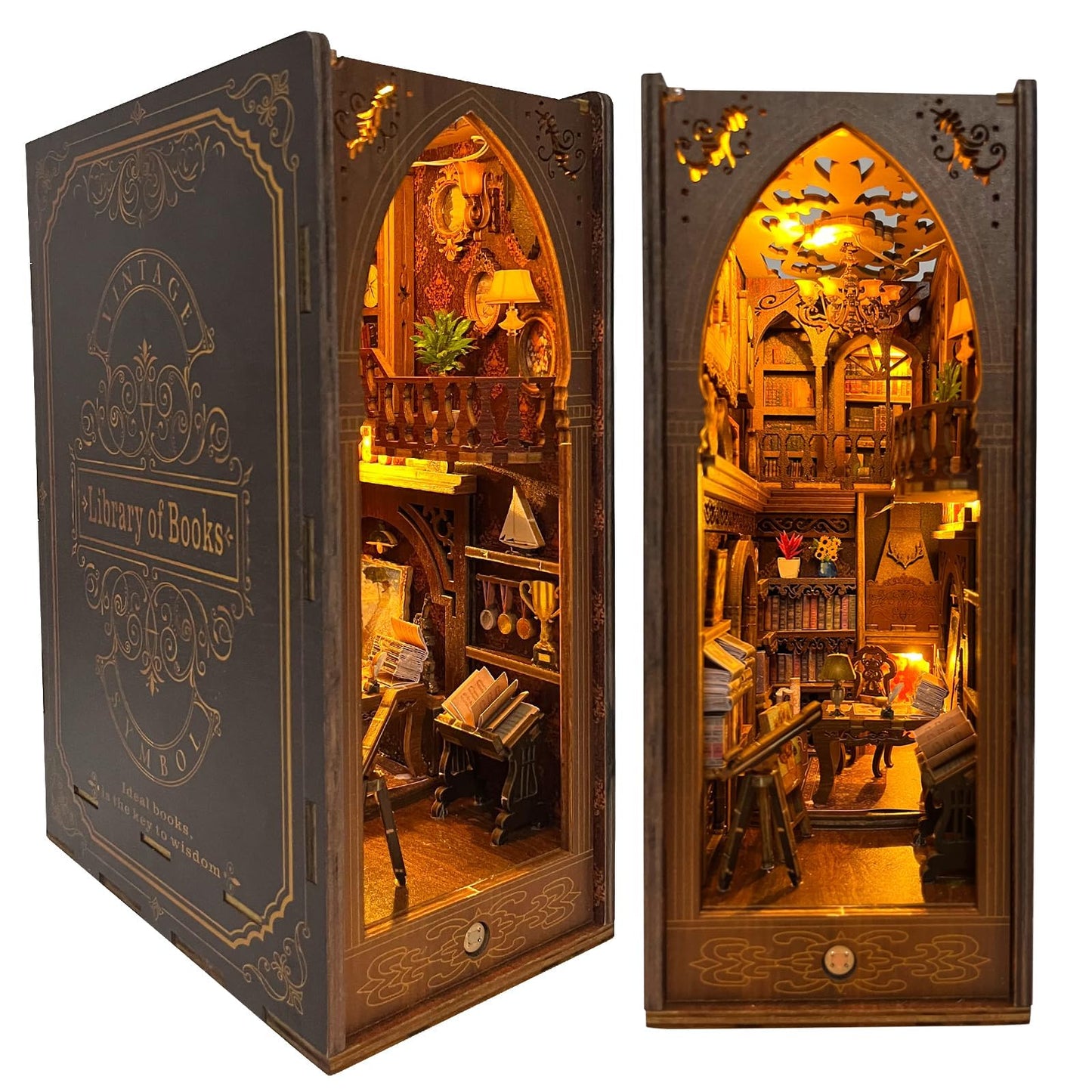 CRIOLPO Book Nook Kit - DIY dollhouse wooden miniature house kit, book corner kit for adults teens, 3D wooden puzzle bookshelf insert kits with sensor LED light (library of books), SL-06