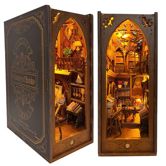 CRIOLPO Book Nook Kit - DIY dollhouse wooden miniature house kit, book corner kit for adults teens, 3D wooden puzzle bookshelf insert kits with sensor LED light (library of books), SL-06