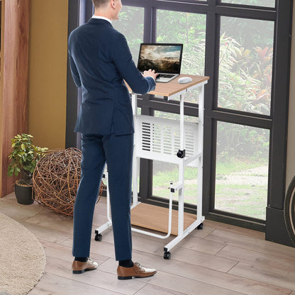 GOPLUS Laptop Table on Wheels, Standing Desk with Height-Adjustable Shelf, Space-Saving Stand-Up Computer Desk with Metal Frame, Storage Space and Footrest, Holds up to 23 kg, Natural.