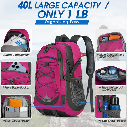 IGOLUMON hiking backpack for men and women, 40L waterproof and lightweight. Foldable for travel, with reflective strips for cycling, climbing, hiking, and sports. (Rose)