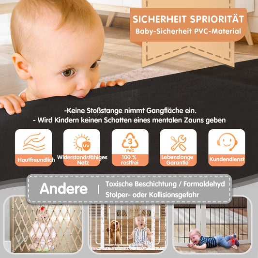 Retractable baby safety gate, 380cm wide, by AMAZKRUS. Ideal for stairs, doors, indoors, and outdoors. Provides protection for children, cats, and dogs.