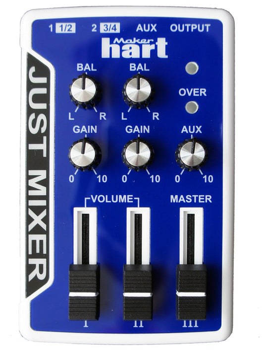 JUST MIXER Audio Mixer - Battery/USB-powered portable pocket audio mixer with 3 stereo channels (3.5mm) featuring an on/off switch (Blue)
