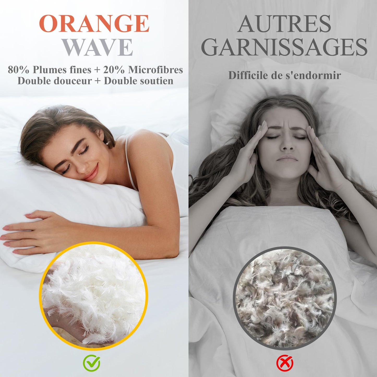 Orange Wave Down Pillow 55x70cm Feather Pillow - Head Pillow 1 Piece Pillow Down and Feathers Sleep Pillow, RDS and Oeko-TEX Side Sleeper Pillow for Maximum Support and Luxurious Sleep Comfort