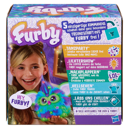 Furby Galaxy, glows in the dark, interactive plush toy - German Version, Silver/Blue/Purple