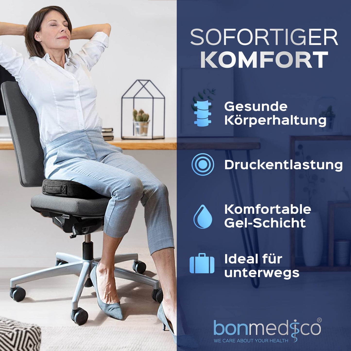 bonmedico orthopedic seat cushion - memory foam gel coccyx cushion - ergonomic seat cushion for car & office chair, wheelchair cushion - wellness black velvet (standard)
