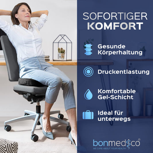 bonmedico orthopedic seat cushion - memory foam gel coccyx cushion - ergonomic seat cushion for car & office chair, wheelchair cushion - wellness black velvet (standard)
