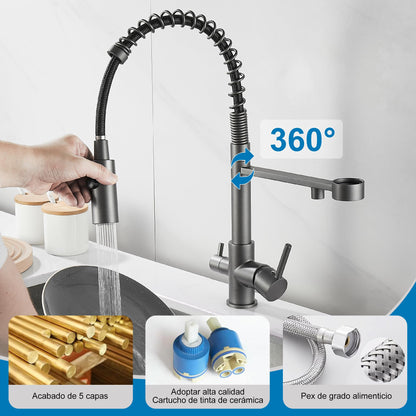 3 Way Kitchen Faucet, Pull-Out Kitchen Tap, Brass Sink Tap, 3 in 1 Mixing Faucet for Water Filter (gray)