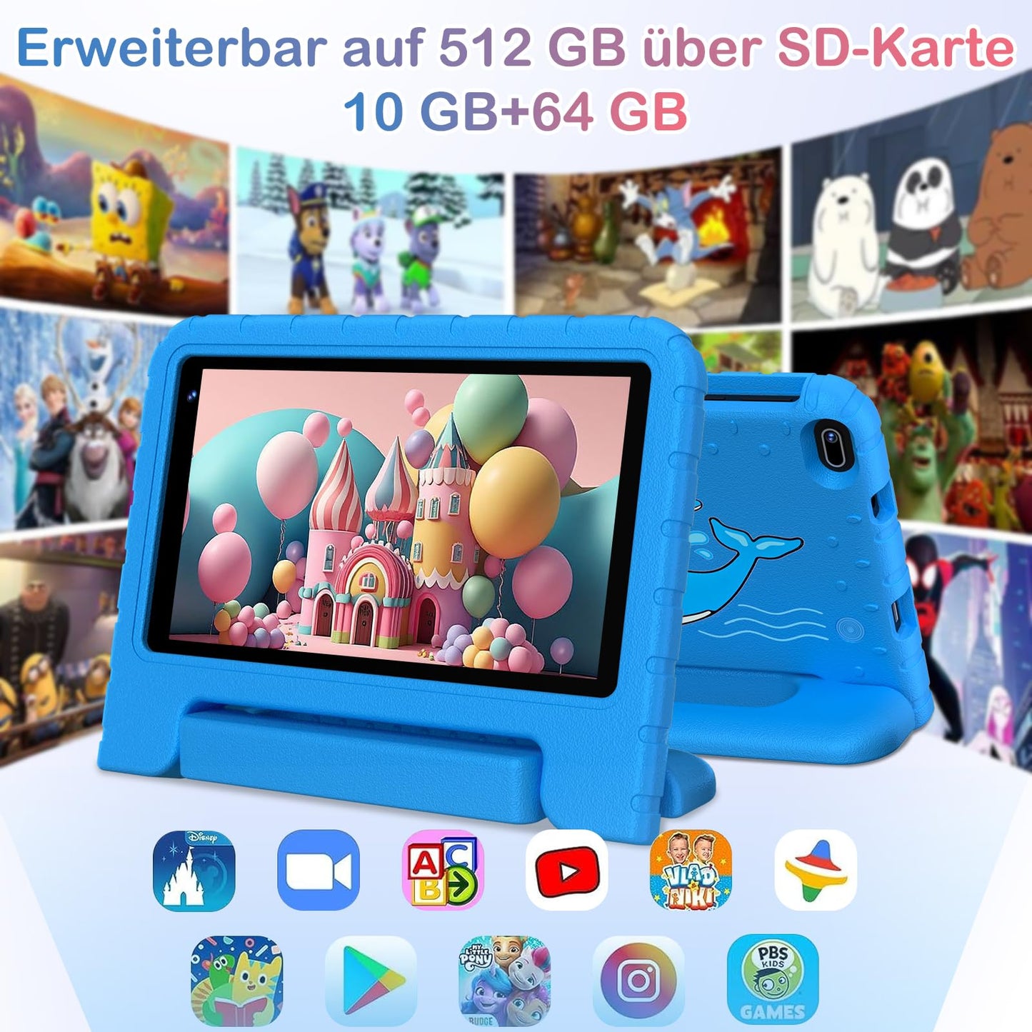 Biegedy Android 14 tablet, 7 inch, 10GB RAM + 64GB ROM/TF 512GB, Octa-core 1.8GHz | Child Educational | Parental Control | 5G Wi-Fi | Dual Camera | BT 5.0, With Blue Holster
