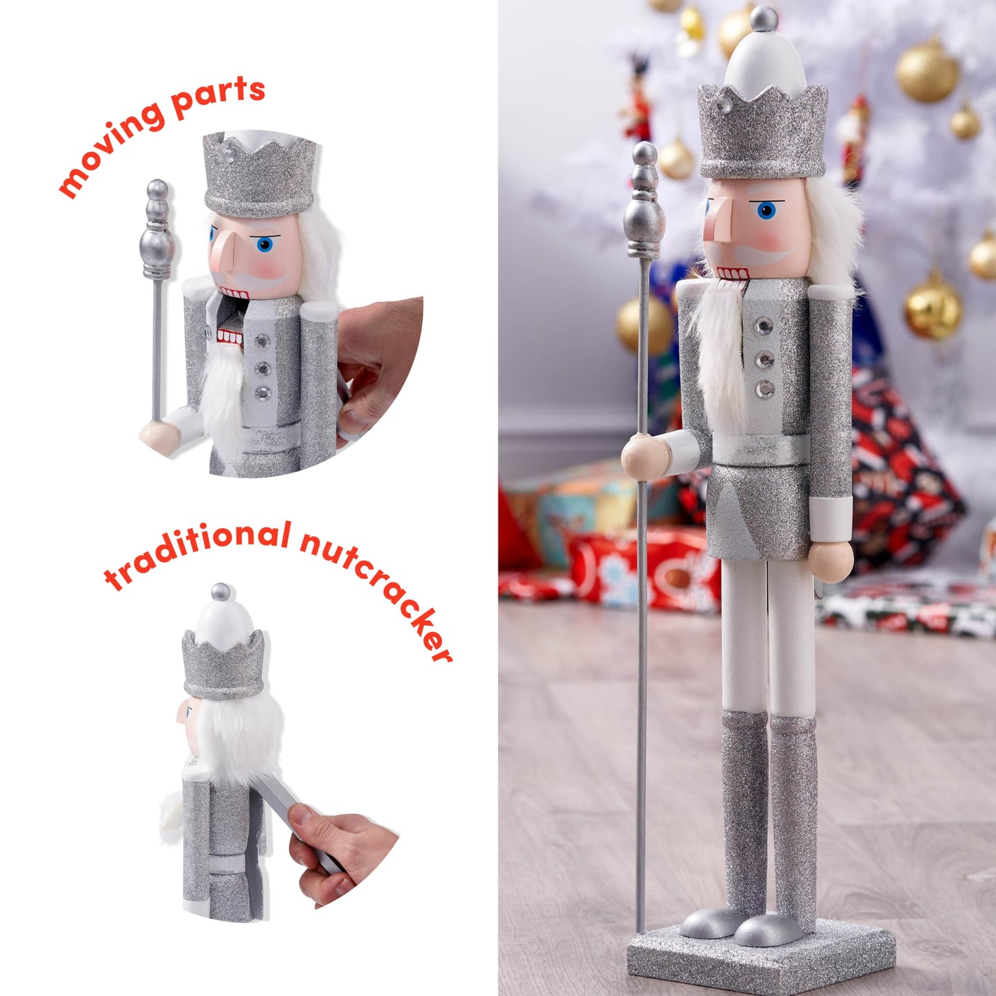 THE TWIDDLERS Large Wooden Christmas Nutcracker Figures (White & Silver), XL 50cm - Traditional Christmas Decoration
