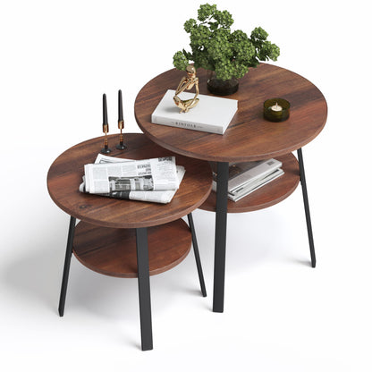 stardis side table round stable metal frame/wood Ø43xH 44 cm, 2 shelves bedside table coffee table for living room bedroom, walnut finish