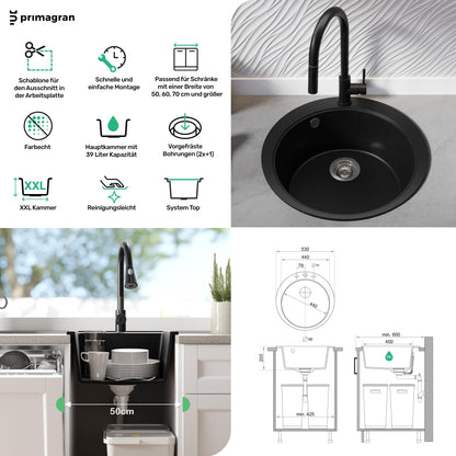 PRIMAGRAN Round Black Sink 53x53cm, Round Sink 1 Basin + Kitchen Faucet 40x20cm + Accessory Set, Kitchen Sink for 50cm Base Cabinet - Pisa Max S031