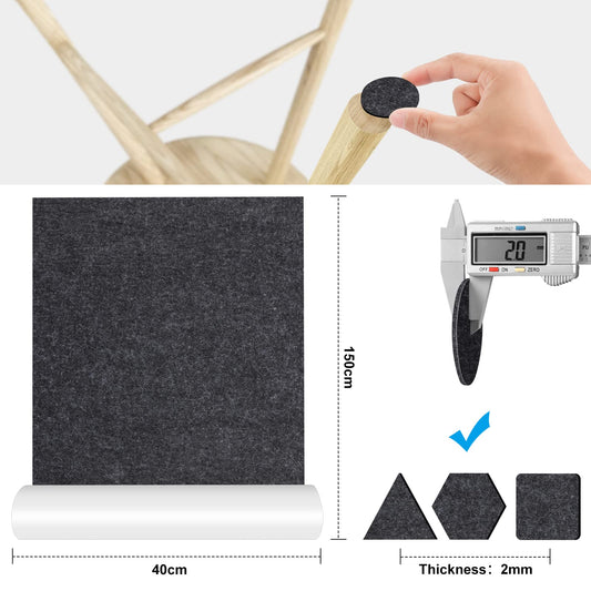 Self-adhesive felt gliders, 60x150 cm felt, furniture glider felt pads, Black-gray multipurpose adhesive glider mat tape, Strong felt adhesive tape for couch, table legs, chair furniture feet