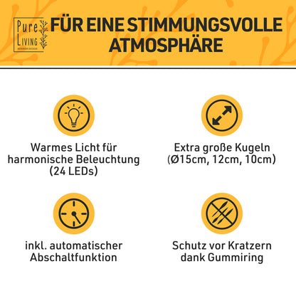 PURE LIVING INTERIOR DESIGN LED ball light 3-piece set, ball with timer, light balls with battery warm white as decorative light battery operated, glass ball as window sill decoration, lights decoration, window sill