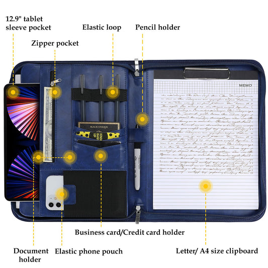 ProCase A4 Writing Pad PU Leather Conference Folder Portfolio with Zipper Clipboard Notepad Business Document Holder, lightweight, durable material - Navy