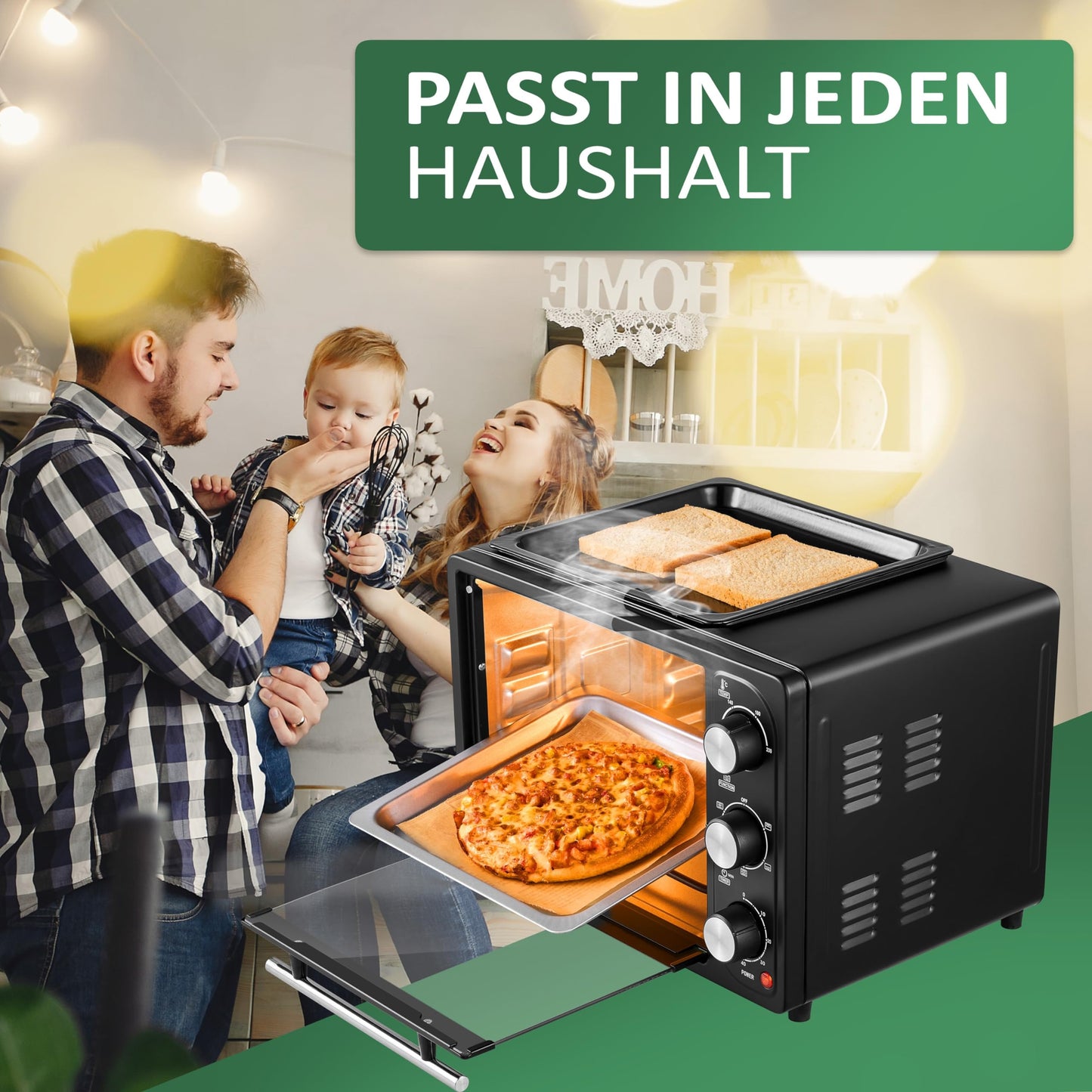 3in1 Mini Oven 20 liters with convection including warming plate | 2 baking trays + grill rack | Mini Oven | Pizza Oven | switchable fan | removable grill plate | 60 min timer | 1300W