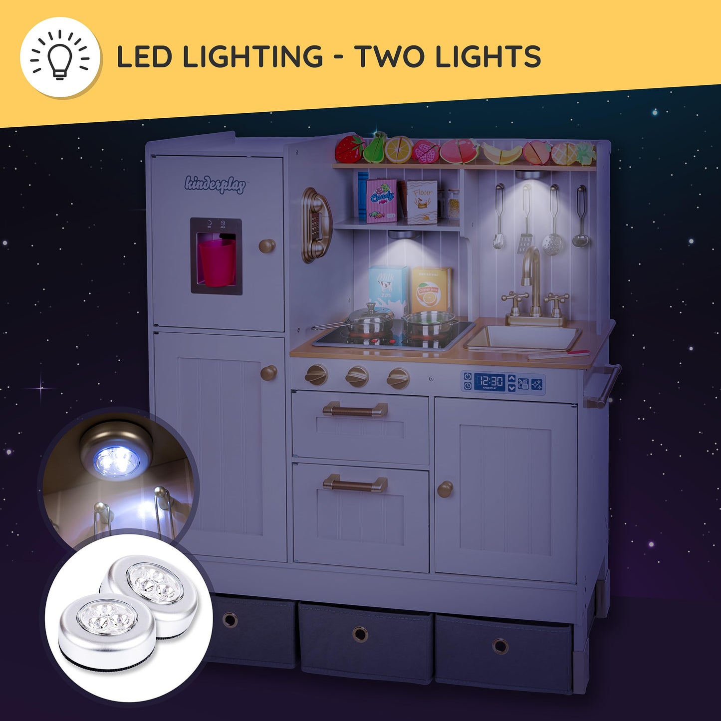 Children's Play Green Series wooden kitchen - Adjustable height play kitchen 89-103 cm - LED light & cooking sounds - With accessories, water dispenser, oven - For children aged 3 years and above