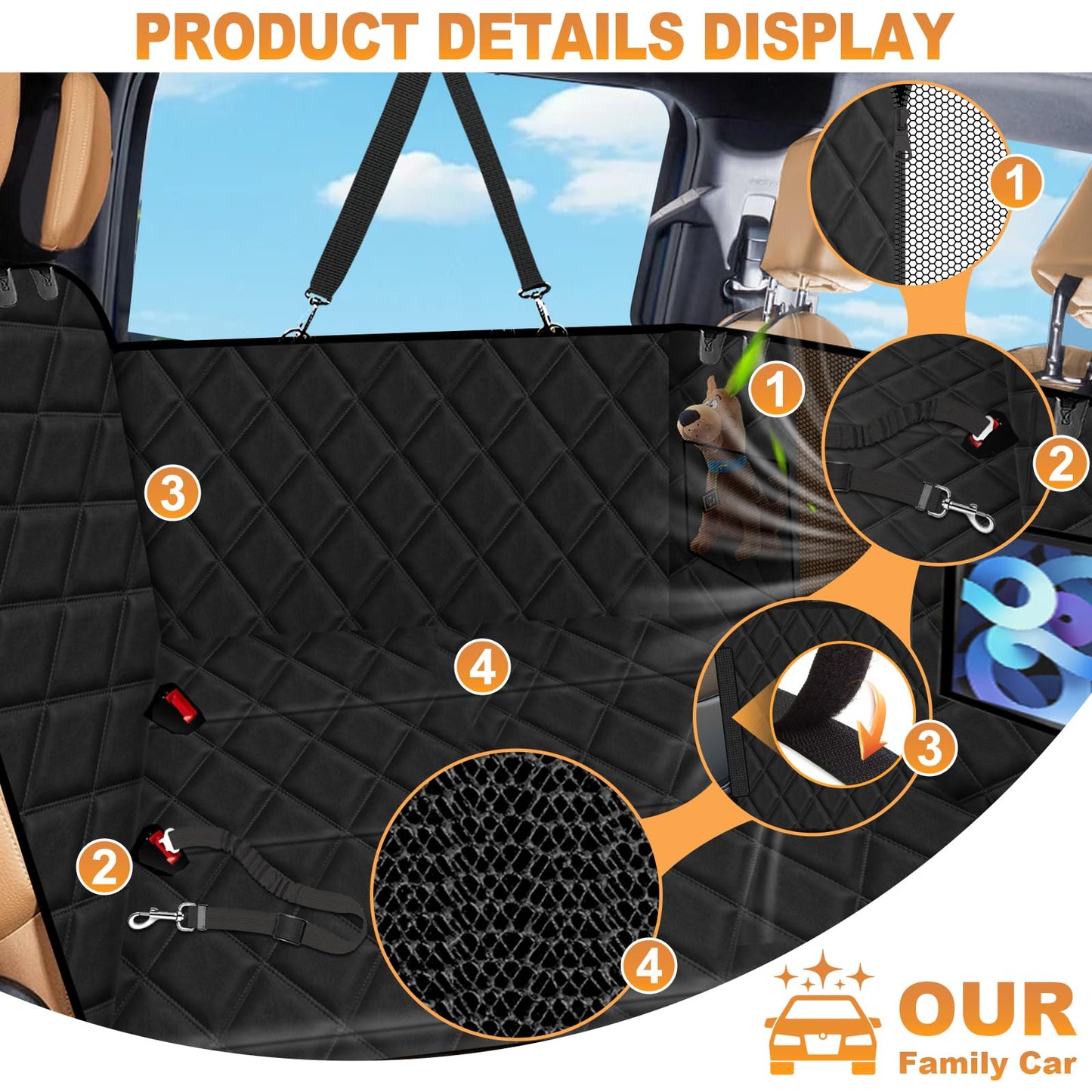Vinstatin car backseat with hard bottom, dog blanket widened, car seat cover waterproof scratch-resistant nonslip, car seat for dogs backseat with safety belt.