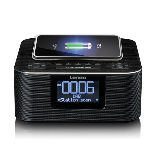Lenco CR-650 DAB+ clock radio - alarm clock with DAB+ and FM - 20 station presets - snooze function - 2 x 2 watts RMS - LCD display - USB and QI charger - black