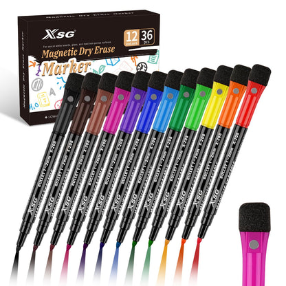 ABEIER Whiteboard Markers (36 pack), 12 colors with sponge, Magnetic Whiteboard Pens, Dry Erase Markers, round tip 1-2mm, Great for home, school, office.