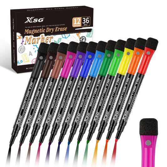 ABEIER Whiteboard Markers (36 pack), 12 colors with sponge, Magnetic Whiteboard Pens, Dry Erase Markers, round tip 1-2mm, Great for home, school, office.