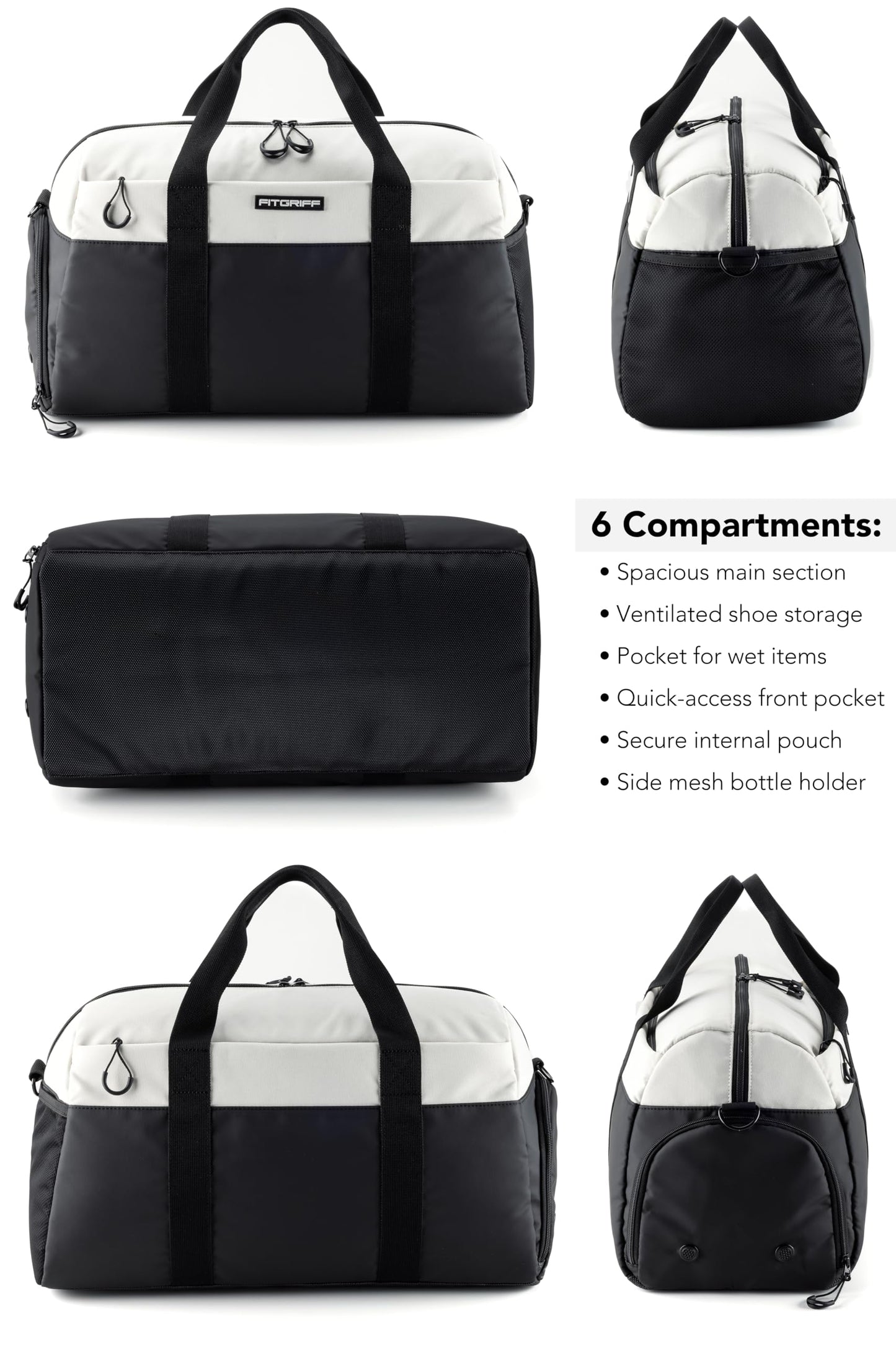 Fitgriff® sports bag & travel bag V2 for women and men - with shoe compartment & wet compartment - bag for sports, fitness, travel - training bag, gym bag, (Black/Cream White, Small)