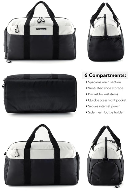 Fitgriff® sports bag & travel bag V2 for women and men - with shoe compartment & wet compartment - bag for sports, fitness, travel - training bag, gym bag, (Black/Cream White, Small)