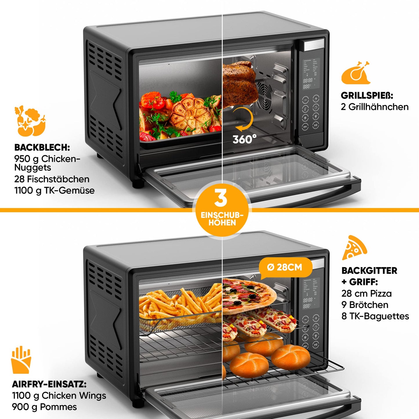 Stillstern Mini Oven with convection (35L) DE Version, Pizza Ø28cm, NEW: CYCLONE PRO+ (non-stick coating), 13 programs, defrosting & keeping warm, 8h timer, recipe book, Mini Oven Pizza Oven Grill