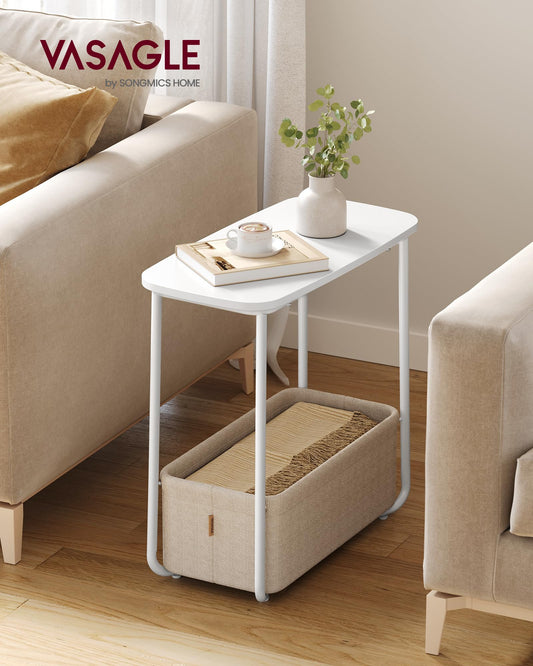 VASAGLE square side table, small table, small coffee table, living room table, fabric basket, storage for living room bedroom, modern bedside table, matte white-camel brown LET230W10