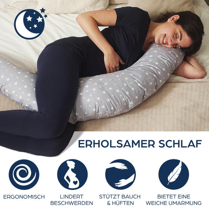 Niimo XXL 2-in-1 Pregnancy Pillow & Nursing Pillow - 100% cotton cover with fiber filling, 100% washable, ergonomic & multifunctional, Grey with white stars (200 x 70 cm)