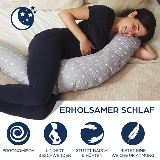 Niimo XXL 2-in-1 Pregnancy Pillow & Nursing Pillow - 100% cotton cover with fiber filling, 100% washable, ergonomic & multifunctional, Grey with white stars (200 x 70 cm)